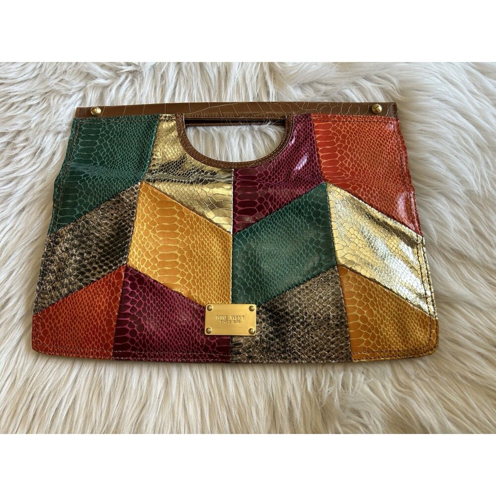 Nine West Purse Vintage Multicolor Patchwork Faux Snakeskin Leather Fold over